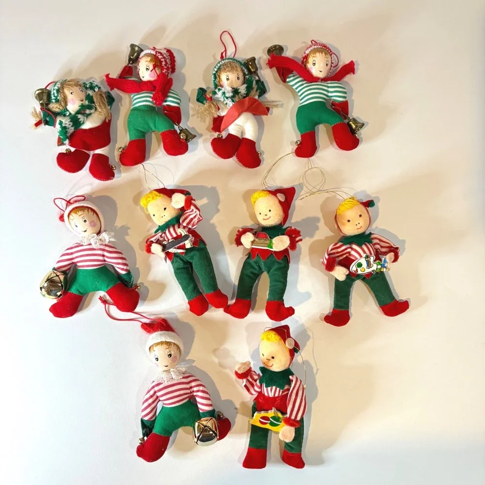 Vintage Christmas Elf Pixie Ornaments Lot of 10 Felt Mid Century Red Green Gold